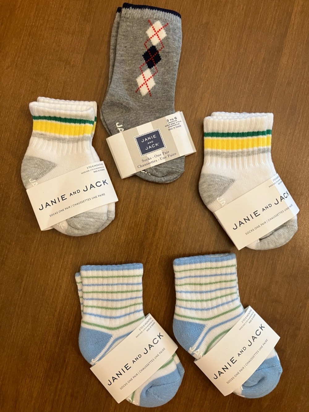 3-6M New Janie and Jack socks, 5 pairs- Gray, White, Yellow, Blue, Green